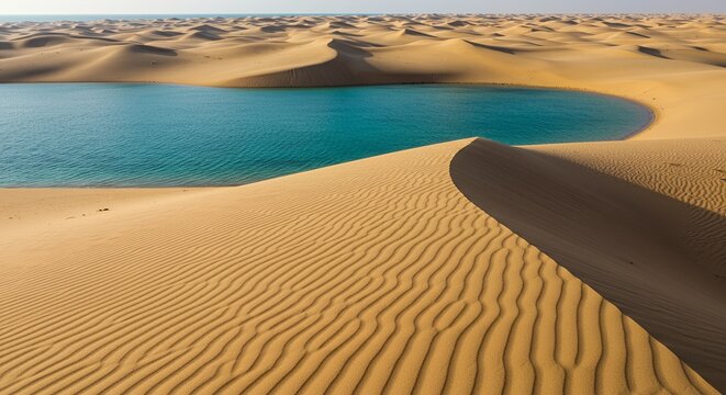 The vast golden dunes of Khor Al Adaid (Inland Sea), A serene oasis amidst the golden dunes highlights nature's beauty at twilight in the expansive desert landscape