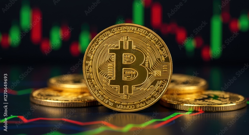 Poster a close-up view of a shiny golden bitcoin coin placed on a vibrant digital financial chart backgroun