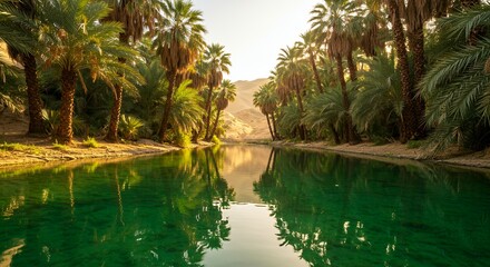 A hidden desert oasis with emerald-green water  reflecting golden sunlight with lush palm trees and tranquil waters in a desert landscape at dawn