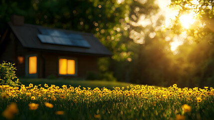 Obraz premium Warm Sunlight on a Country Home with Meadow and Sunset