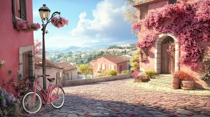 Fototapeta premium Charming Pink Bicycle in Picturesque European Village Street Scene
