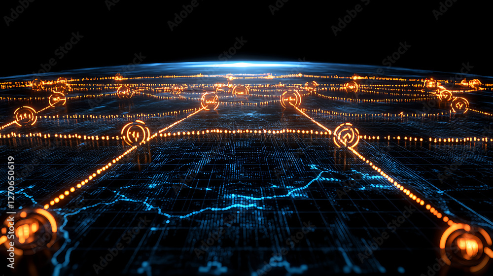 Poster connecting nodes in a digital network virtual environment 3d visualization technology global perspec