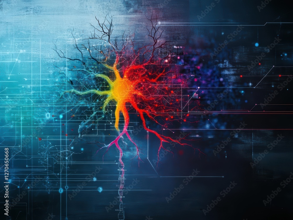Poster intricate colorful brain illustration with vibrant neurons highlighting neural connections and cogni