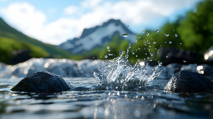 Water Splash in Clear Mountain River with Rocks and Greenery Under Blue Sky