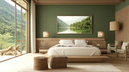 A beautifully decorated bedroom with a serene lake painting, symbolizing peace and prosperity