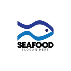 Origami Fish blue logo design vector, Ribbon Silhouette seafood template