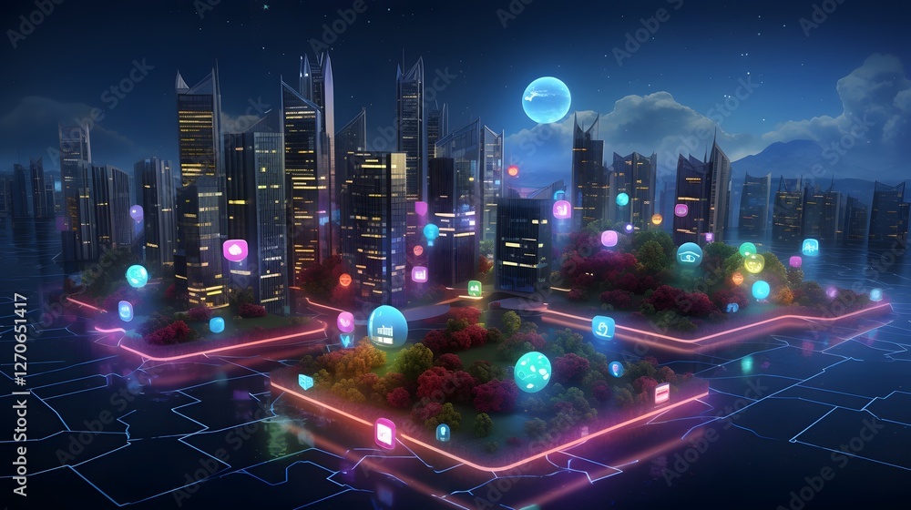 Poster vibrant digital social media network with glowing interconnected nodes and icons representing the co