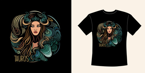 T-shirt design with Taurus zodiac sign. Taurus Zodiac symbol with beautiful girl hand drawn vector colorful illustration on black background. Astrological contemporary art, magic female character.
