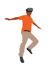 Young man in virtual reality headset. Excited guy wearing digital glasses travel in metaverse. Modern technologies. Flat Vector illustration isolated