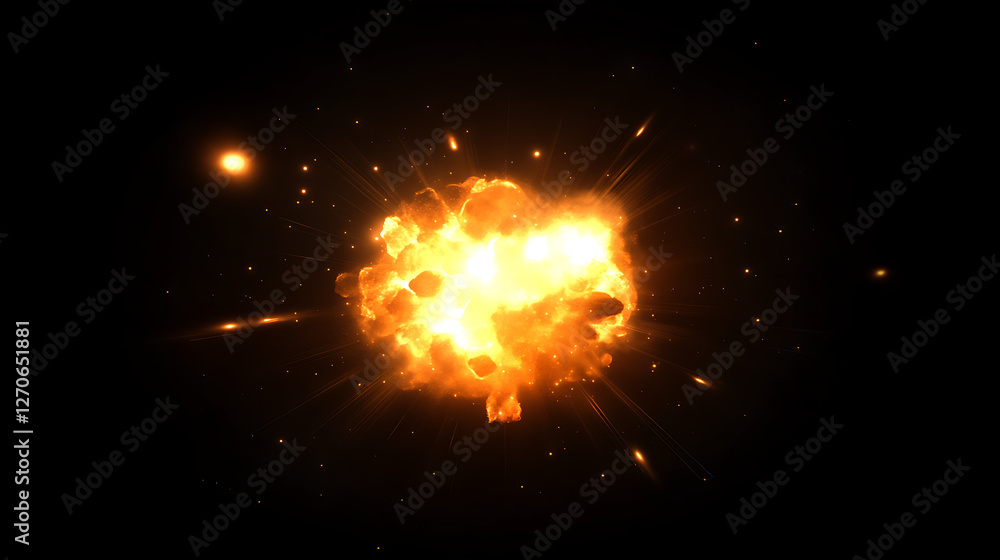 Poster fiery orange explosion with debris and particles bursting in dark space a dynamic event concept art