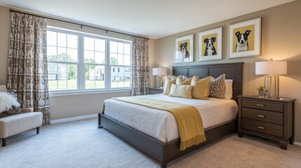 A bedroom with framed pet portraits above the bed, creating a cozy and joyful environment