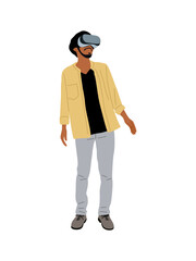 Casual man in virtual reality headset. Excited guy wearing digital glasses travel in metaverse. Modern technologies. Flat Vector illustration isolated
