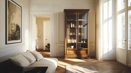 A bright and airy living space with a plush sofa and an artistic display cabinet, enhancing energy flow