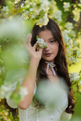 Beautiful Girl with long hair poses near white blossoming apple trees