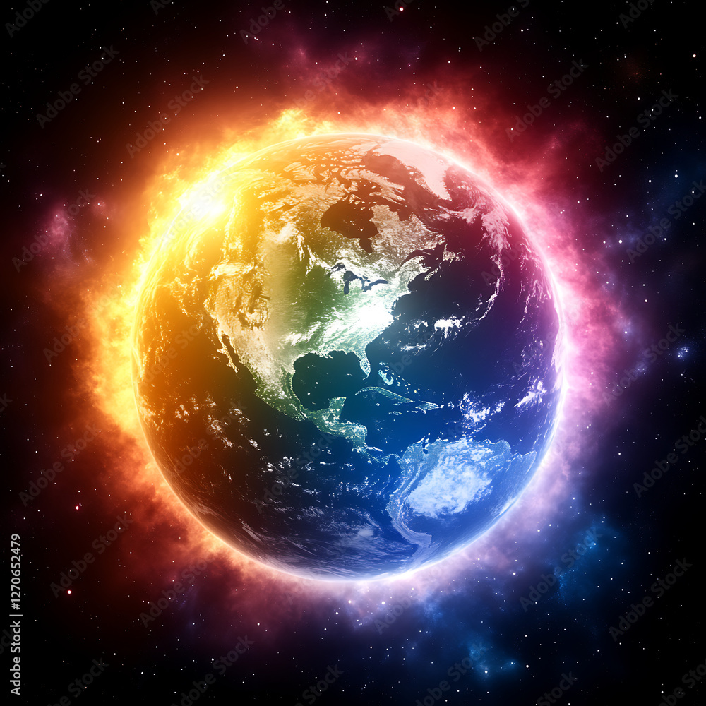 Poster fiery planet earth illuminated in outer space with nebula and stars backdrop concept art