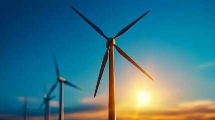 Obraz premium Wind Turbines at Sunset Generating Renewable Energy Under a Blue Sky