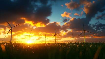 Fototapeta premium Wind Turbines in a Field at Sunset with Dramatic Cloudy Sky Alternative Energy