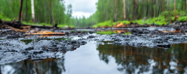 Naklejka premium Acid rain climate change idea. A tranquil forest scene with a serene water reflection surrounded by lush greenery.