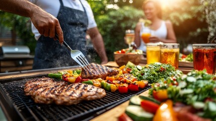 Obraz premium family grilling meat and vegetables on barbecue at sunny backyard, with drinks and salads laid out nearby for summer gathering