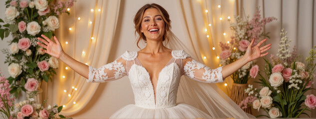 Joyful bride embracing happiness in lace gown, wedding celebration