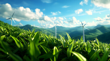 Wind Turbines on Green Hills with Blue Sky and Clouds Generating Renewable Energy