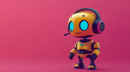 A cartoon robot wearing headphones with a microphone on a pink background.