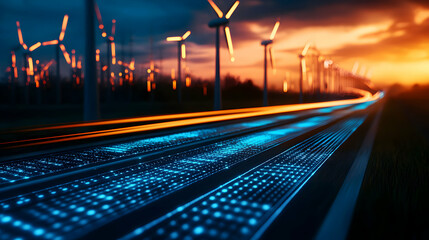Wind Turbines Stand Against Orange Dusk Sky with Futuristic Blue Data Stream Road
