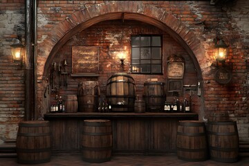 Rustic cellar bar, wine barrels, brick wall, dimly lit, advertising