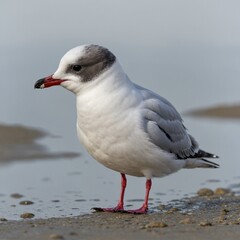 A little gull standing on tiptoes, stretching its body upward, against a white background.