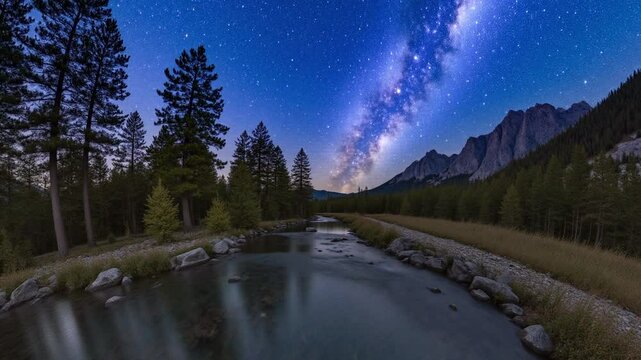 Milky way arc over mountain river in the middle of the forest on a long exposure - 360 loop video