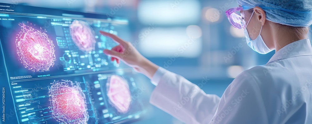 Poster a scientist in a lab coat analyzes digital data on a screen, focusing on colorful images of cells or
