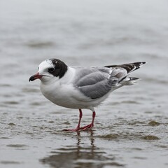 A little gull landing lightly, its tiny feet reaching downward, isolated on white.