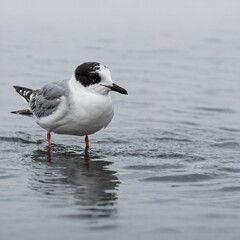 A little gull floating as if on invisible water, legs tucked under, white background.