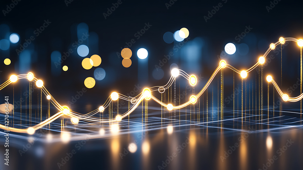 Poster financial growth chart graph with rising line and glowing nodes on grid in dark setting