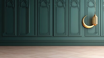 Elegant green wall with ornate panels and a golden crescent moon lantern