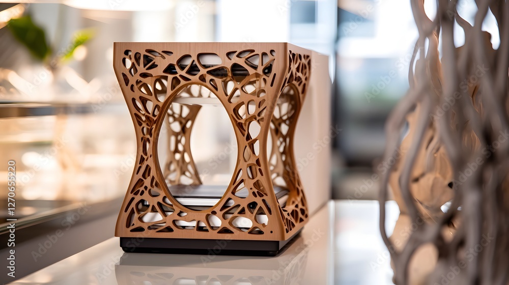 Poster detailed close up view of a 3d printer in action producing complex innovative designs that showcase 