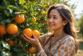 Woman enjoying orange picking in sunny orchard setting