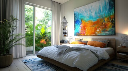 A harmonious bedroom setup featuring abstract artwork and warm, inviting decor