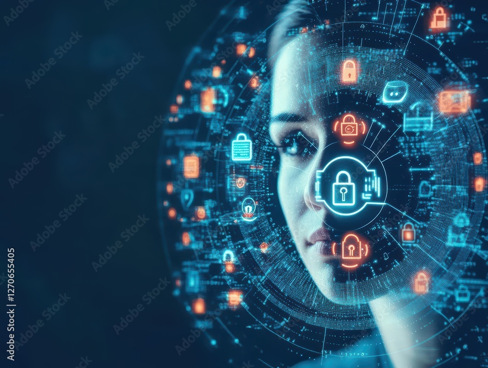 Poster close up of a woman's face illuminated by a futuristic digital interface with soft lighting creating