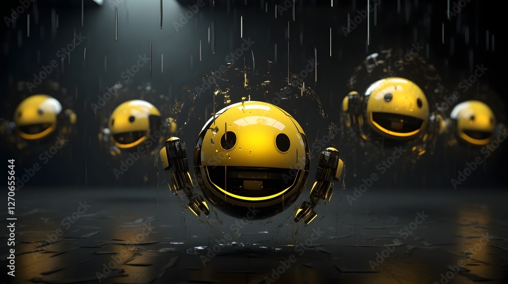 Poster futuristic and dynamic of a set of floating digital reaction emojis in a modern stylized 3d graphica