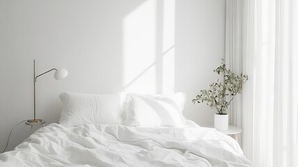 A minimalist bedroom setup with a bedside lamp and a small plant, promoting a distraction-free space
