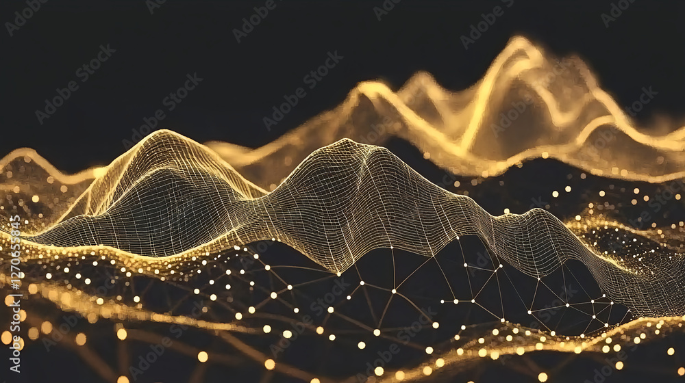 Poster visualizing golden wave patterns digital space abstract art tech environment close-up perspective fo