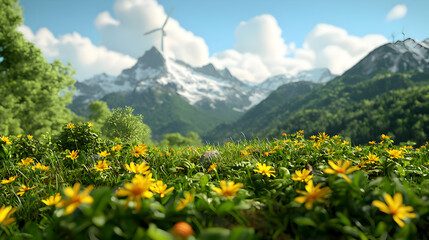 Yellow Flowers Blossom in Mountain Landscape with Snowy Peaks and Wind Turbines under Cloudy Blue Sky