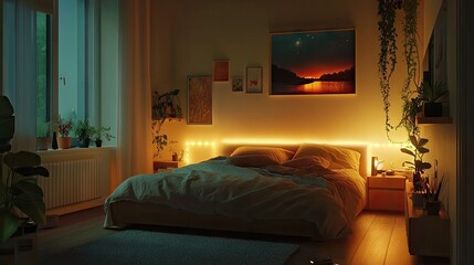 A minimal bedroom space with soft lighting and warm bedding, creating a distraction-free zone