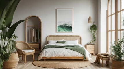 A modern bedroom with elegant ocean wave artwork, enhancing calmness and wealth energy