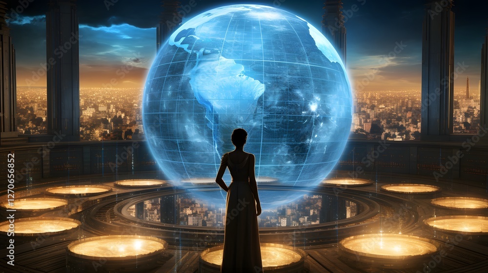 Poster a futuristic virtual business meeting with holographic display technology enabling global and divers