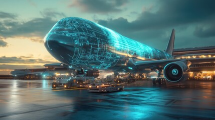 Futuristic airplane at airport with digital overlay.