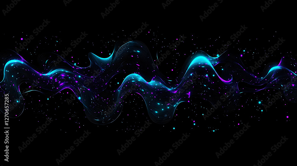 Poster flowing abstract wavy lines with shining particles on a black background visual element style