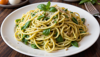 Delicious pesto pasta on wooden table, culinary inspiration