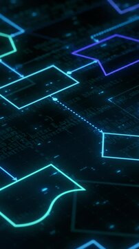 software development flowchart, concept for computer programming, machine learning, visual representation of code flow (3d render) vertical video